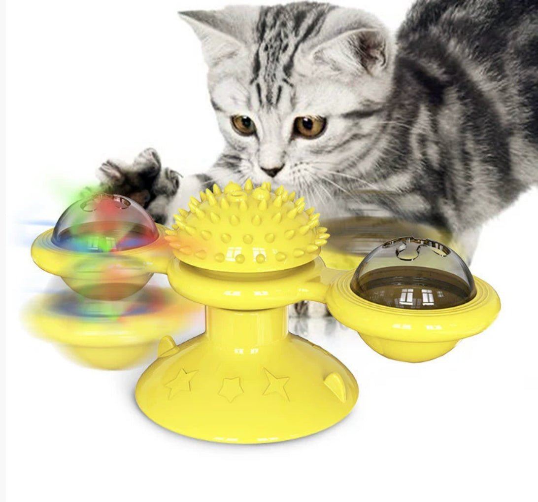 Cat Entertainment Set - Interactive Rotating Disk, Feather Teasers, Tumbler, Windmill Toy - Keeps Cats Active & Engaged - pettspy