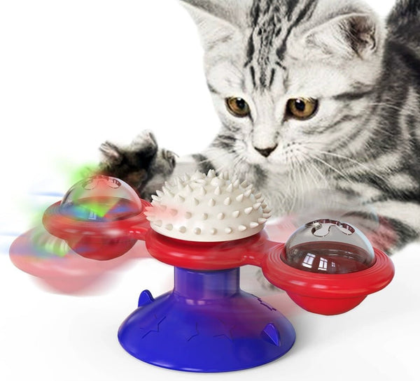 Cat Entertainment Set - Interactive Rotating Disk, Feather Teasers, Tumbler, Windmill Toy - Keeps Cats Active & Engaged - pettspy